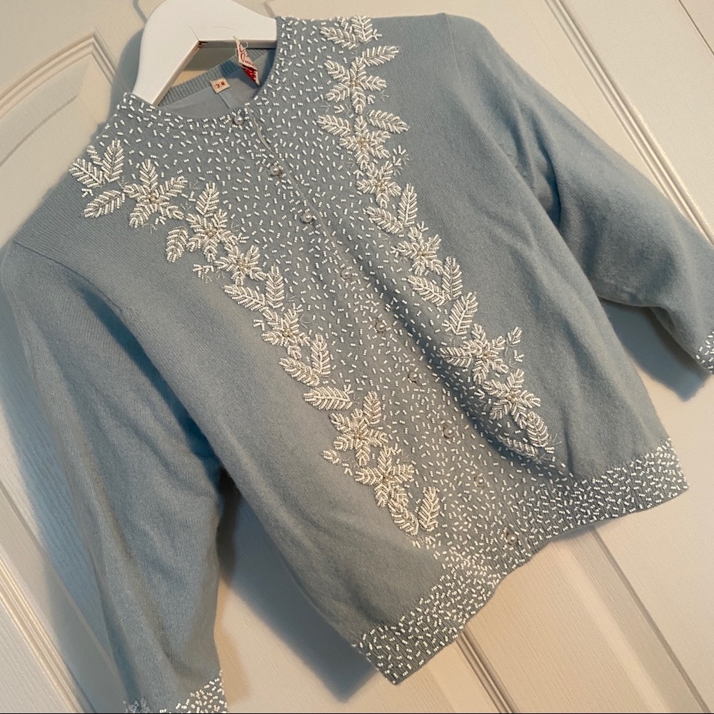 Vintage 1950s Pale Blue Cardigan with Beading